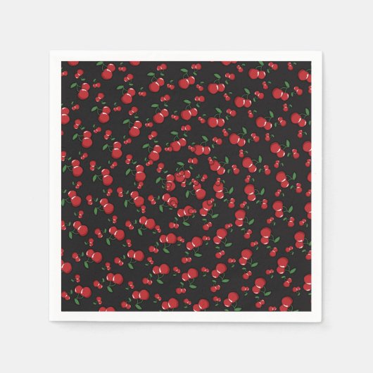 赤いさくらんぼオンブラックキュートフルーツバースデーパーティー スタンダードカクテルナプキン (正面)