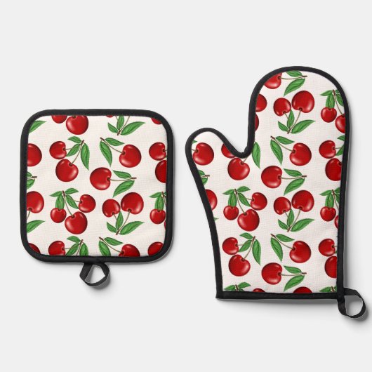 赤いさくらんぼグラフィック全体 鍋つかみ&鍋敷きセット (正面)