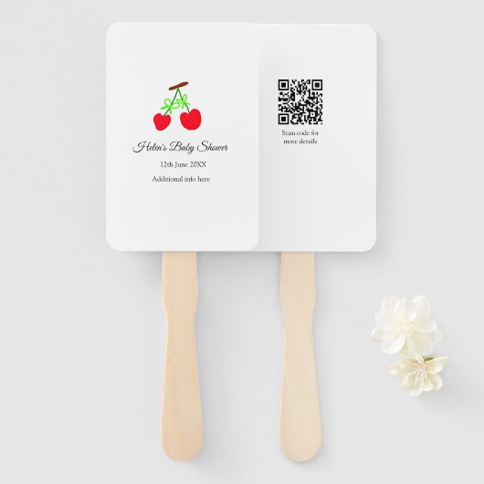 赤いさくらんぼグリーンボウ追加の名前日付ベビーシャワー ハンドファン (正面&裏面)