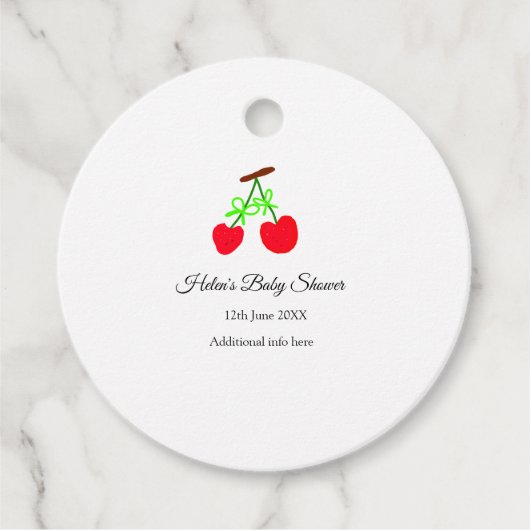 赤いさくらんぼグリーンボウ追加の名前日付ベビーシャワー フェイバータグ (正面)