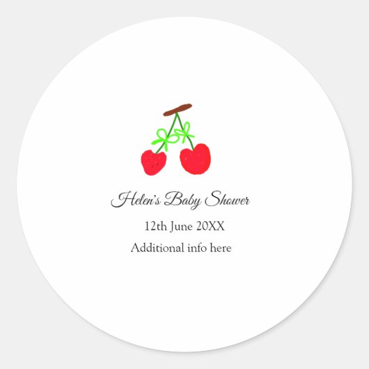 赤いさくらんぼグリーンボウ追加の名前日付ベビーシャワー ラウンドシール (正面)