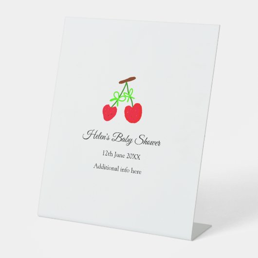 赤いさくらんぼグリーンボウ追加の名前日付ベビーシャワー 台座サイン (正面)
