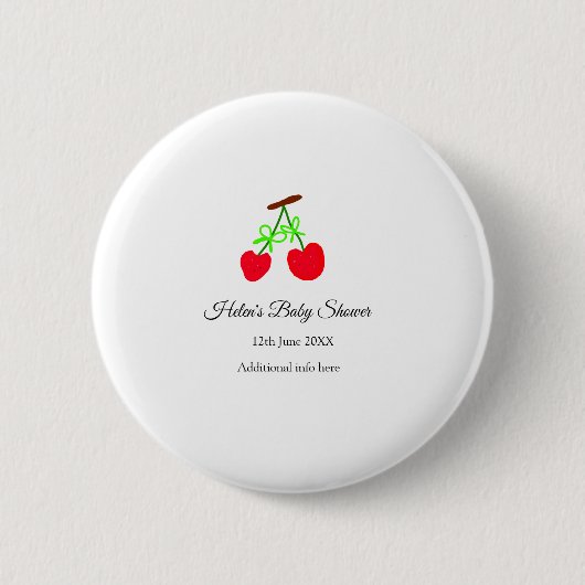 赤いさくらんぼグリーンボウ追加の名前日付ベビーシャワー 缶バッジ (正面)