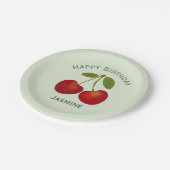 赤いさくらんぼフルーツ、ハッピーバースデー ペーパープレート (アングル)