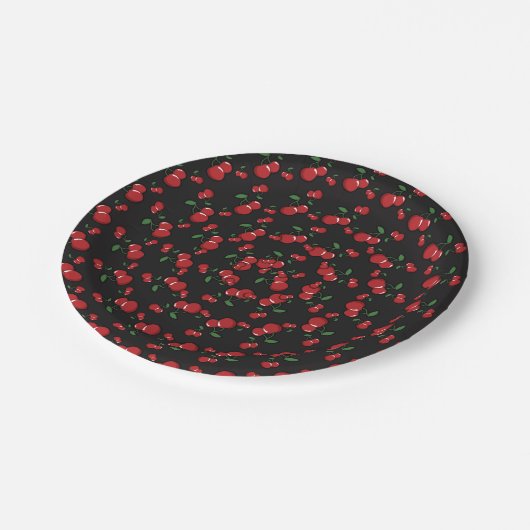 赤いさくらんぼブラックまたは任意の色の誕生日パーティー ペーパープレート (アングル)