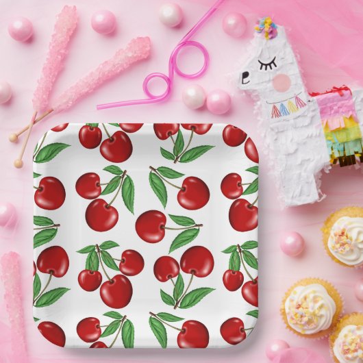 赤いさくらんぼレトロスタイルグラフィックプリント ペーパープレート (パーティー)