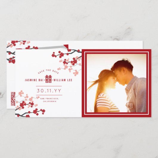 赤いさくらんぼ中国のの花と幸せ写真 セーブザデート (正面/裏面)