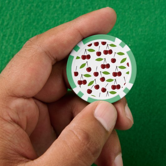 赤いさくらんぼ、さくらんぼの模様、葉、果物 ポーカーチップ (手)