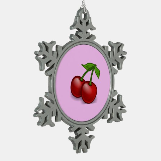 赤いさくらんぼ、赤いさくらんぼ、甘いさくらんぼ、フルーツ スノーフレークピューターオーナメント (左)