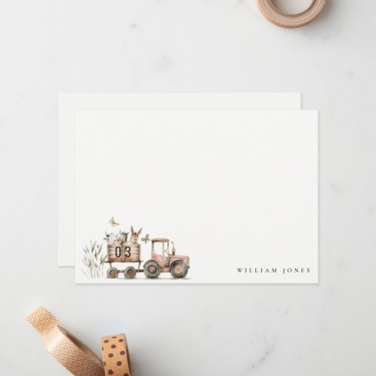 赤いさび色の農場の動物トラクター子供の誕生日 ノートカード (正面/裏面インサイチュ)