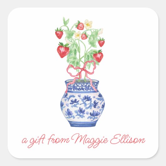 赤いちごの贈り物の陳腐な花瓶 スクエアシール (正面)