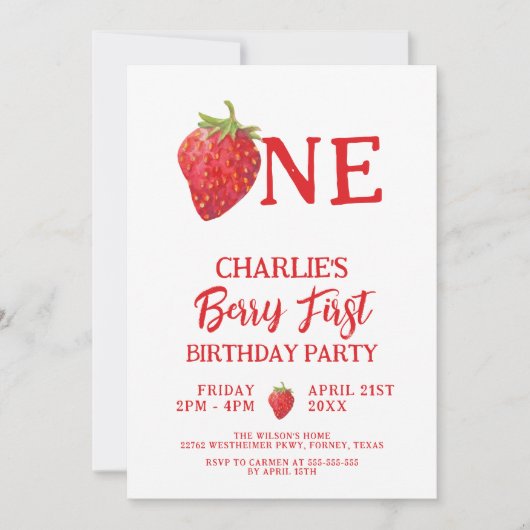 赤いちごサマーベリーファースト誕生日 招待状 (正面)
