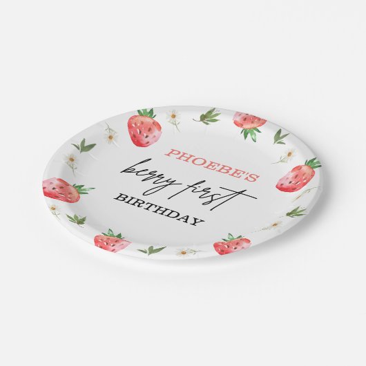 赤いちごデイジー葉ベリーファースト誕生日 ペーパープレート (アングル)