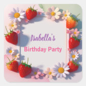 赤いちごピンクの誕生日パーティ子供へ スクエアシール (正面)