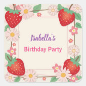 赤いちごピンクの誕生日パーティ子供へ スクエアシール (正面)