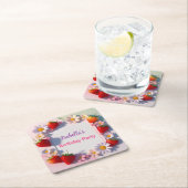 赤いちごピンクの誕生日パーティ子供へ スクエアペーパーコースター (インサイチュ)