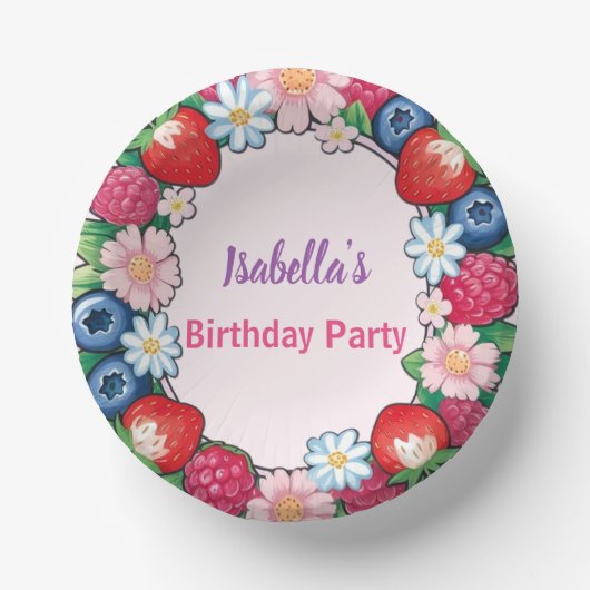 赤いちごピンクの誕生日パーティ子供へ ペーパーボウル (正面)