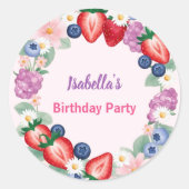 赤いちごピンクの誕生日パーティ子供へ ラウンドシール (正面)