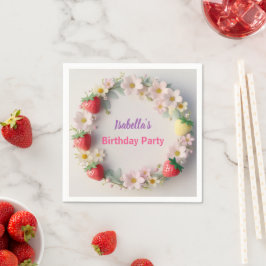 赤いちごピンクデイジー誕生日パーティー スタンダードカクテルナプキン