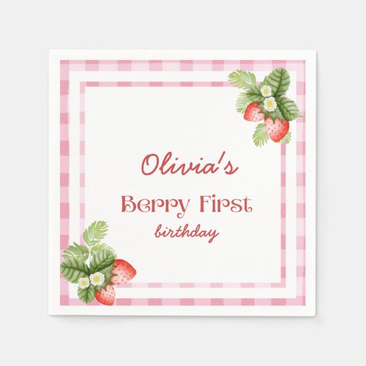 赤いちごベリー第1誕生日ありがとう スタンダードカクテルナプキン (正面)