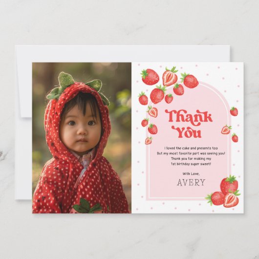 赤いちごベリー第1誕生日写真 サンキューカード (正面)