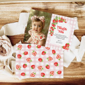 赤いちごベリー第1誕生日写真 サンキューカード