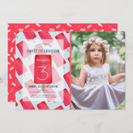 赤いちごポップシクルガールフォト誕生日 招待状