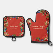 赤いちご夏のフルーツ非常にベリーブルー甘い 鍋つかみ&鍋敷きセット (正面)