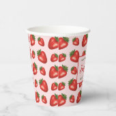 赤いちご柄オンピンクハッピーバースデー 紙コップ (右)