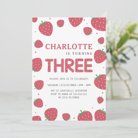 赤いちご柄3回目の夏誕生日 招待状 (スタンド正面)