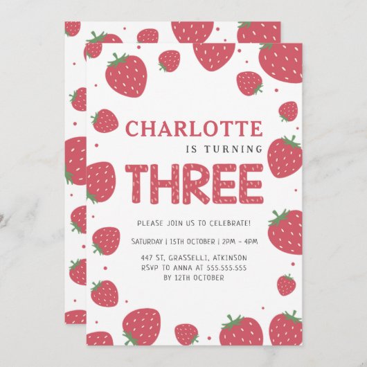 赤いちご柄3回目の夏誕生日 招待状 (正面/裏面)