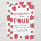 赤いちご柄4th夏誕生日 招待状 (正面/裏面)