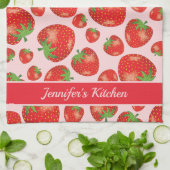 赤いちご模様カスタム文字 キッチンタオル (折り畳み)