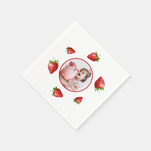 赤いちご水色ベリー1stフォト誕生日 スタンダードカクテルナプキン (角)