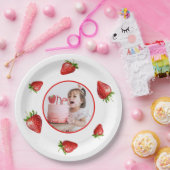 赤いちご水色ベリー1stフォト誕生日 ペーパープレート (パーティー)