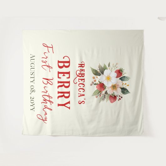 赤いちご素朴テーマベリーファースト誕生日 タペストリー (正面(横))