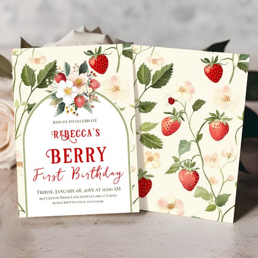 赤いちご素朴テーマベリーファースト誕生日 招待状