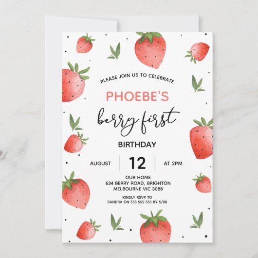 赤いちご葉ベリーファースト誕生日 招待状 (正面)