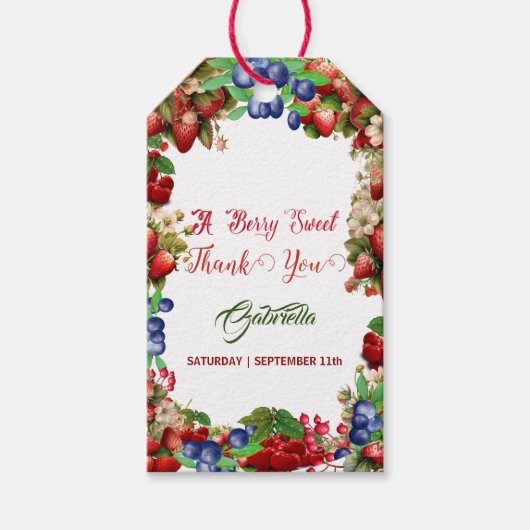 赤いちご赤ちゃんシャワー |ブルーベリー甘かわいい ギフトタグ (正面)