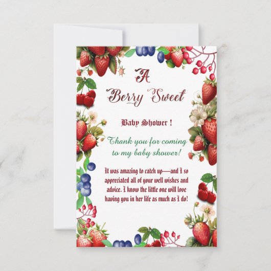 赤いちご赤ちゃんシャワー |ブルーベリー甘かわいい サンキューカード (正面)
