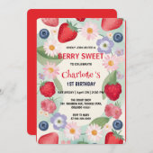 赤いちご1st誕生日パーティー 子供へ 招待状 (正面/裏面)
