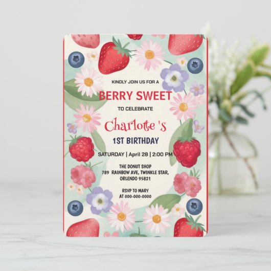 赤いちご1st誕生日パーティー 子供へ 招待状 (スタンド正面)