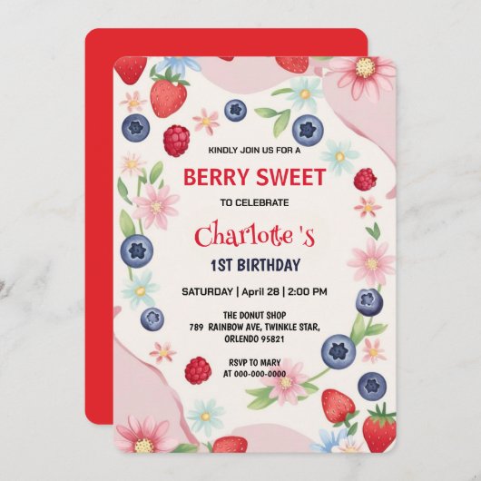 赤いちご1st誕生日パーティー 子供へ 招待状 (正面/裏面)