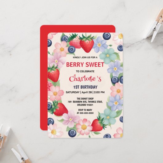 赤いちご1st誕生日パーティー 子供へ 招待状 (正面/裏面インサイチュ)