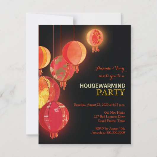 赤いちょうちんの引っ越し祝いパーティーのパーティの招待状 招待状 (正面)