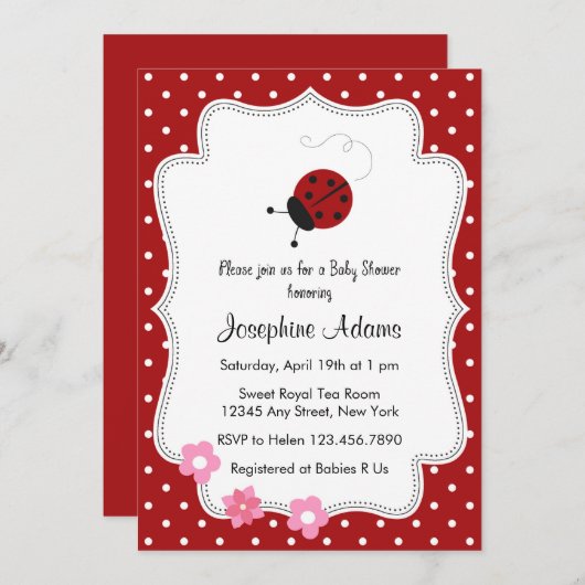 赤いてんとう虫のベビーシャワーの招待状 招待状 (正面/裏面)