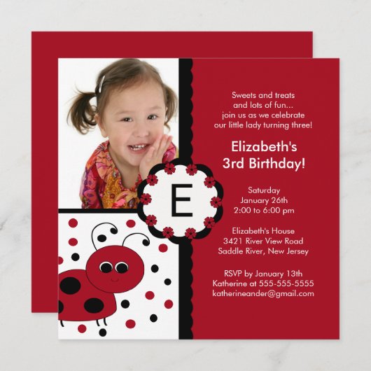 赤いてんとう虫の写真の誕生日の招待状 招待状 (正面/裏面)