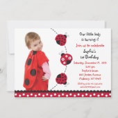 赤いてんとう虫の女の子の写真の誕生日の招待状 招待状 (正面)