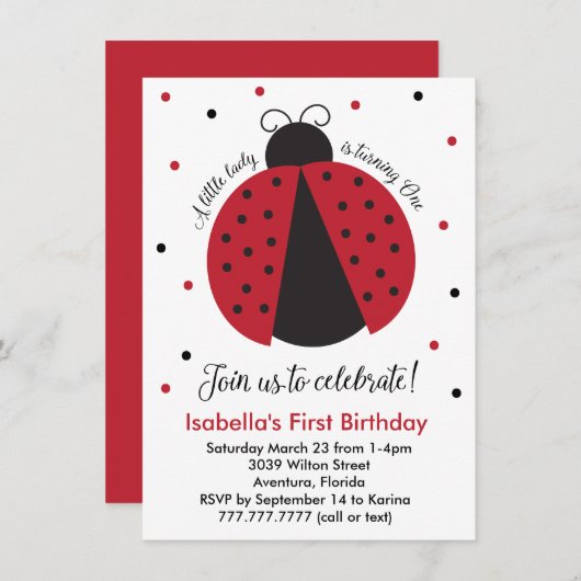 赤いてんとう虫の女の子の最初誕生日 招待状 (正面/裏面)
