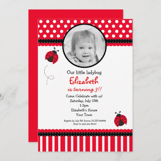 赤いてんとう虫の誕生日の招待状 招待状 (正面/裏面)